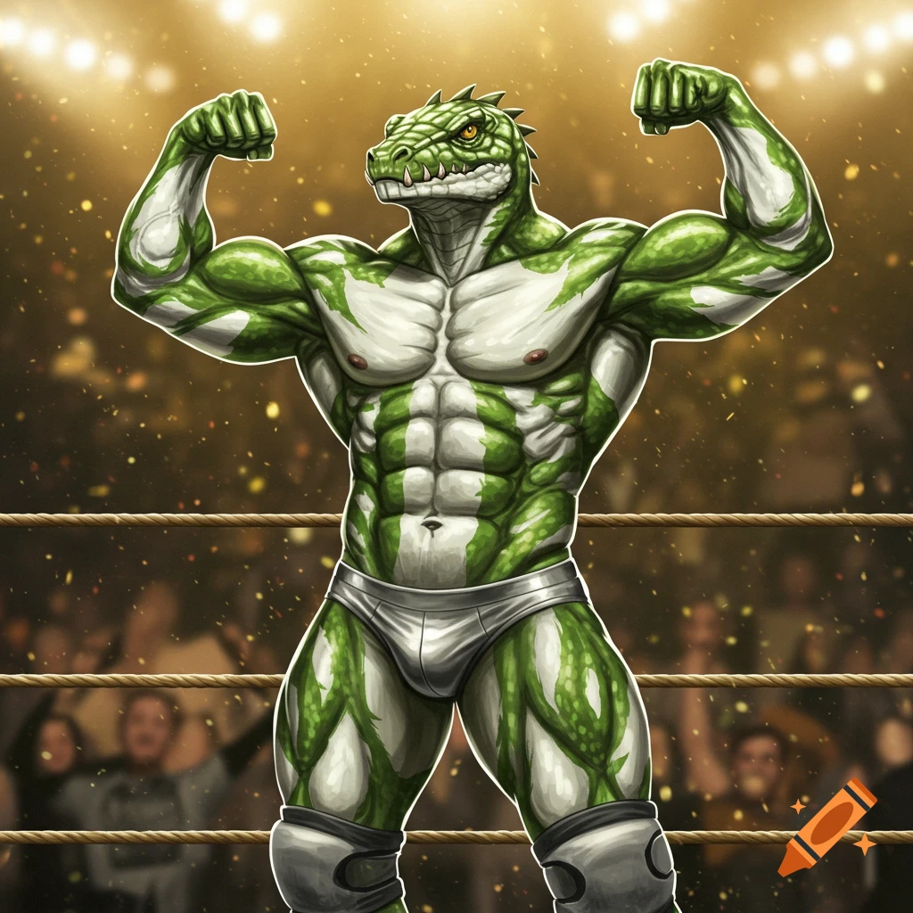 Muscular green and white lizardman wrestler in silver briefs flexing in a spotlighted ring, illustration.