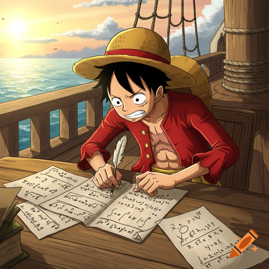 Luffy from One Piece, looking frustrated, writes complex equations with a quill pen on a ship's deck at sunset.