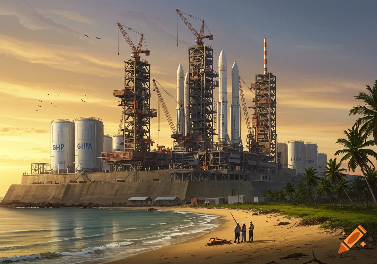 A detailed illustration of a multi-pad rocket launch facility with several rockets, cranes, and storage tanks on a tropical beach at sunset.