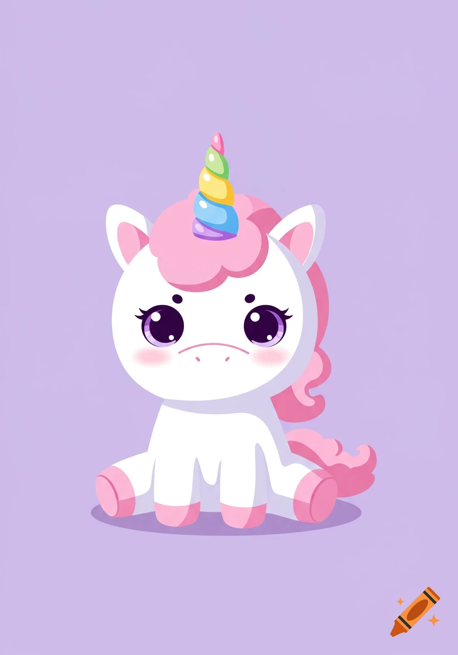 A cute chibi unicorn with pink hair and a rainbow horn sits on a purple background in a digital drawing style.