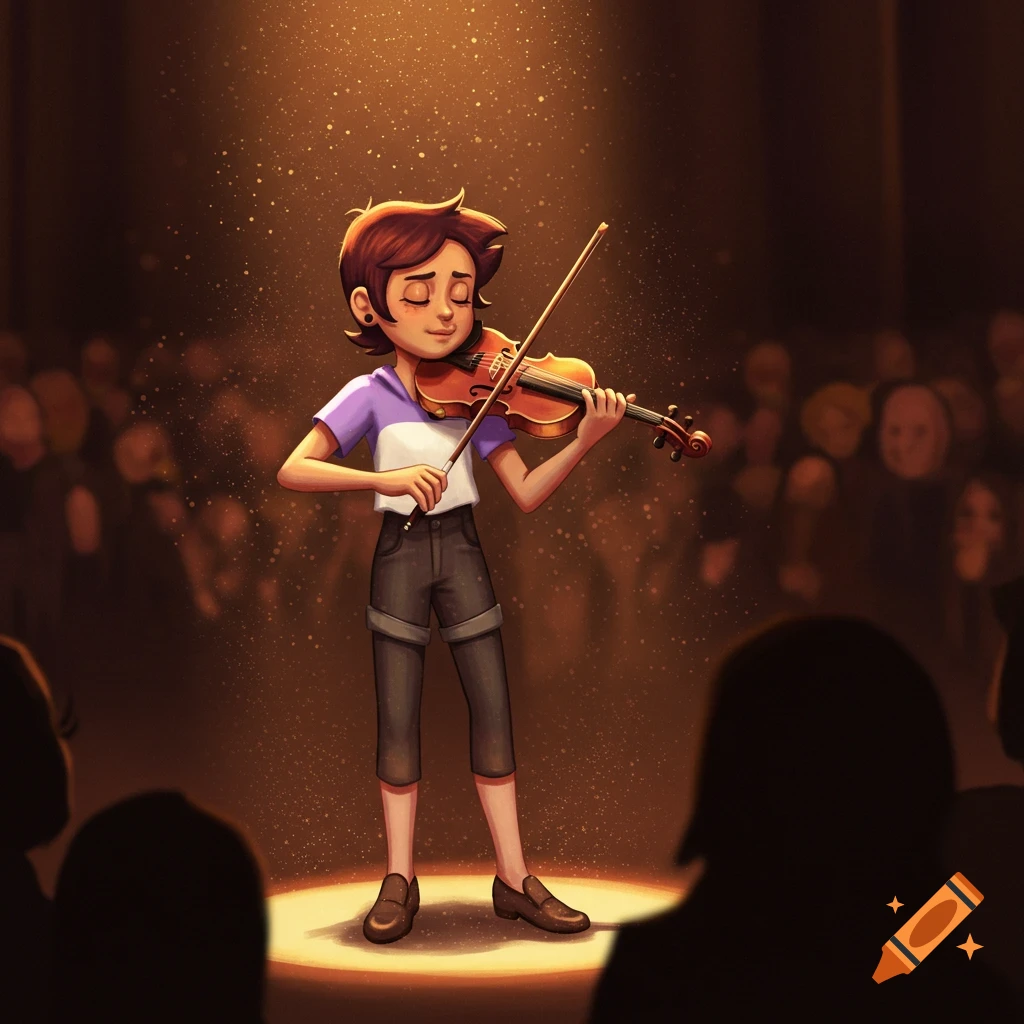 A cartoon character with short brown hair plays a violin on a spotlighted stage in front of a dark, blurry audience.