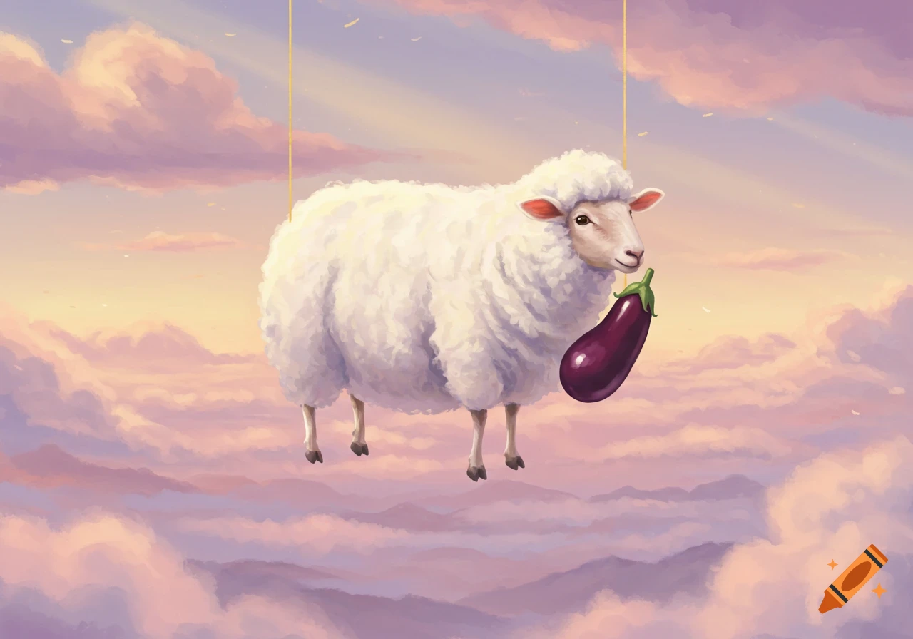 A fluffy white sheep floats among pink and purple clouds at sunset, holding a purple eggplant in its mouth, in a painted style.