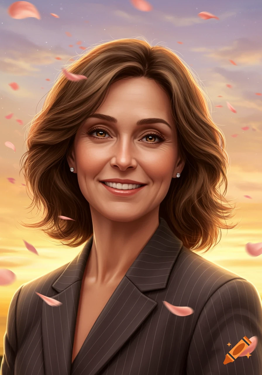 Digital art portrait of a smiling woman with brown hair and amber eyes in a pinstriped blazer, against a sunset sky with falling petals.