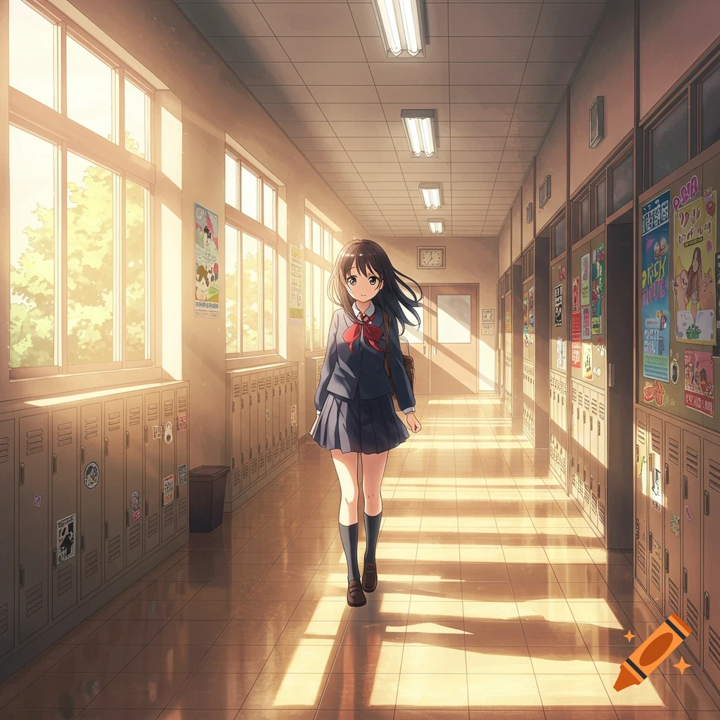 An anime girl in a school uniform walks through a brightly lit hallway, sunlight streaming through windows.