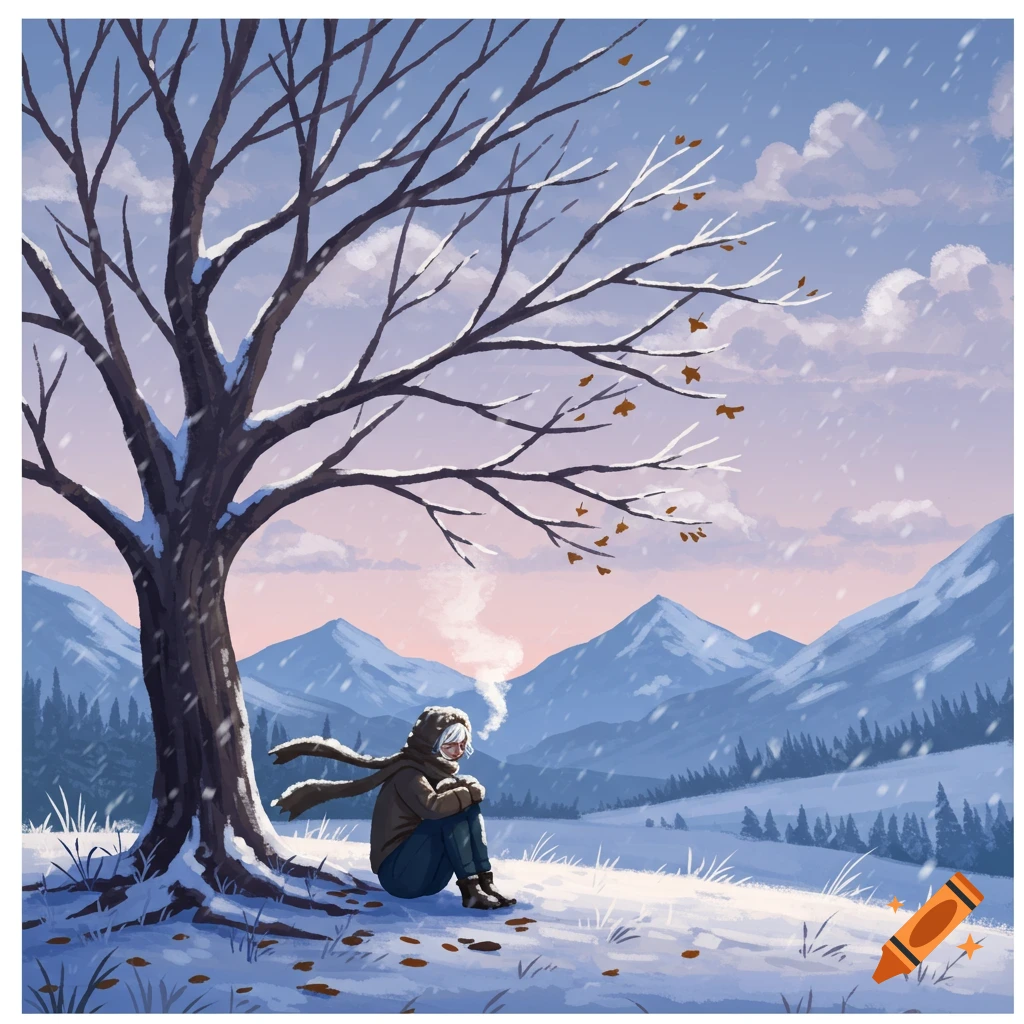 Illustrated person huddling under a bare, snow-covered tree in a snowy mountain landscape with flakes falling.