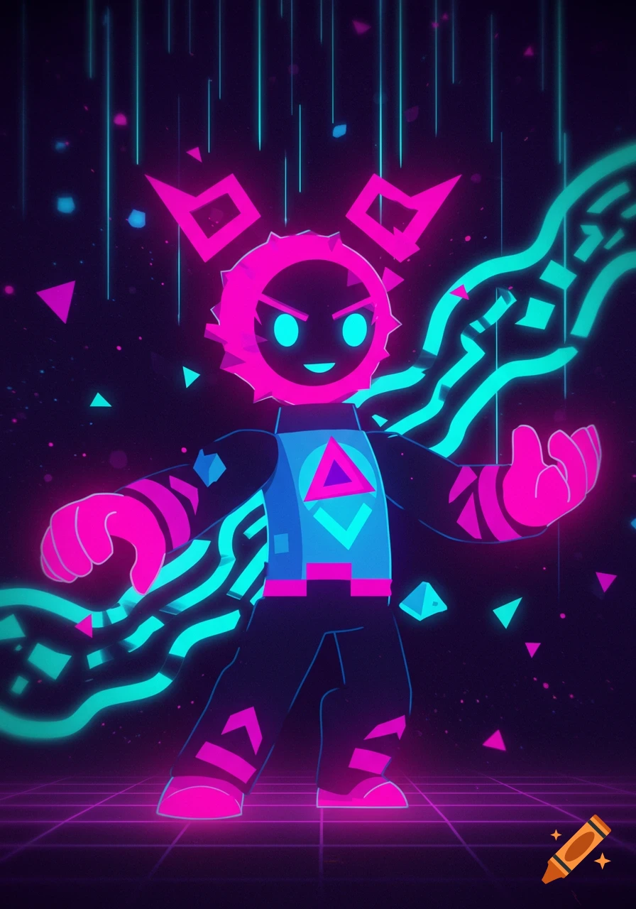 A geometric neon character with a pink spiked head and glowing cyan eyes stands on a grid, surrounded by abstract shapes.