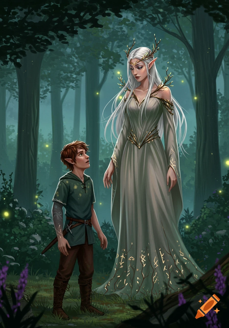 A tall, white-haired elf woman in a forest gazes down at a young human man who looks up at her.