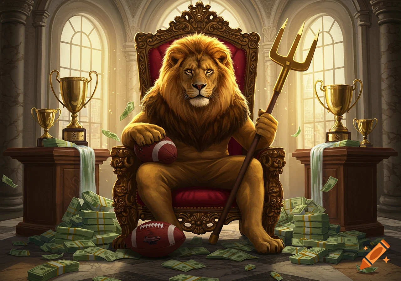 A regal lion sits on a golden throne, holding a football and a pitchfork, surrounded by trophies, cash, and luxury.