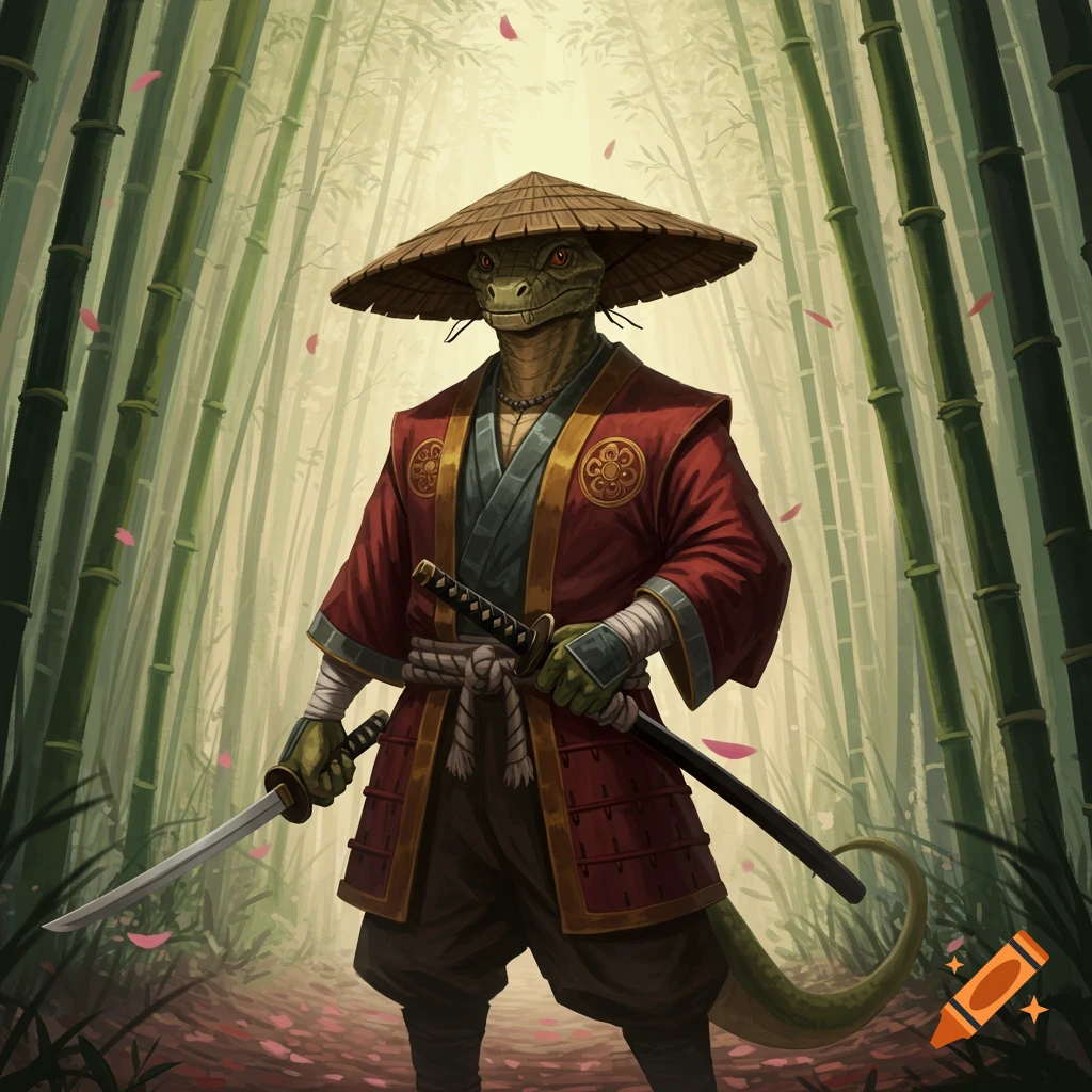 A lizard person samurai in a straw hat and red kimono holds two katanas, standing in a bamboo forest with falling pink petals.