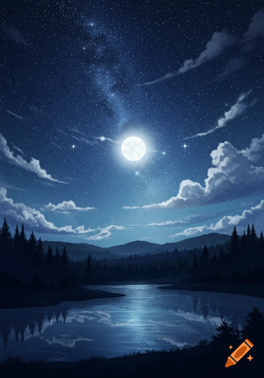 Digital painting of a starry night sky with a full moon, reflective river, clouds, and a dense forest.
