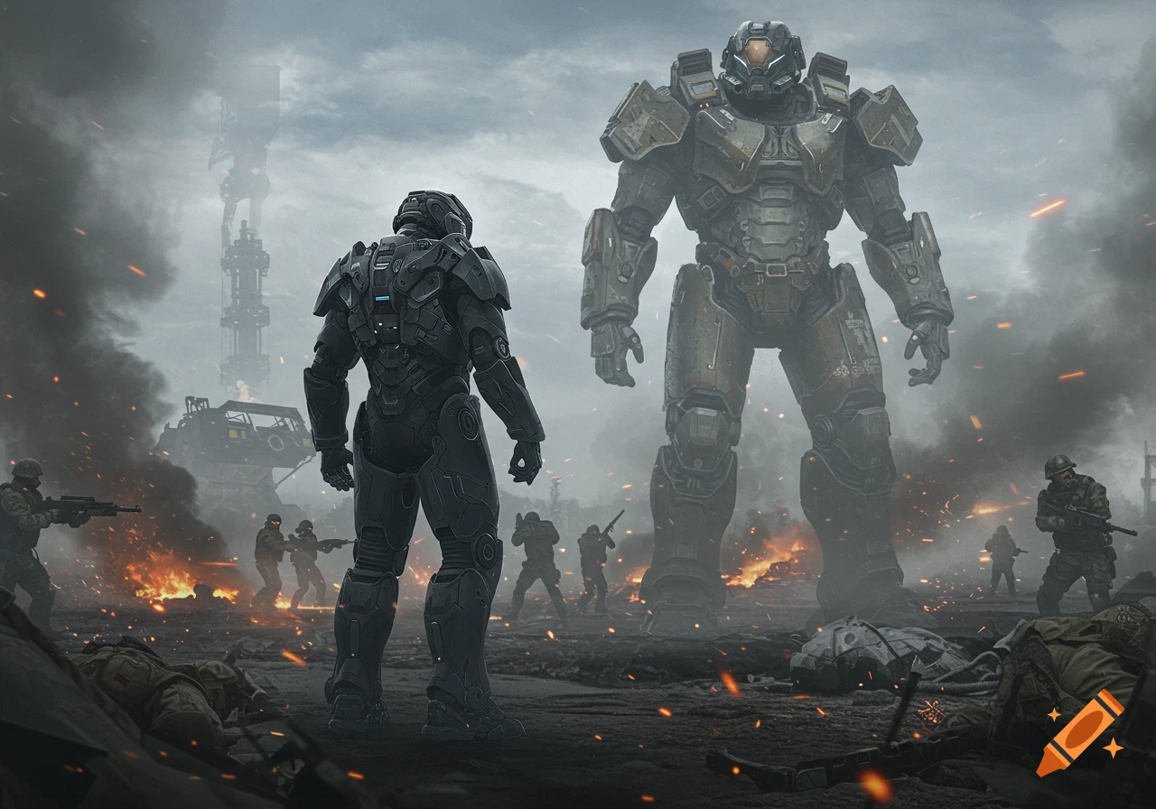 A colossal, rusty power-armored giant faces a sleek armored soldier on a smoky, fiery battlefield with many combatants.