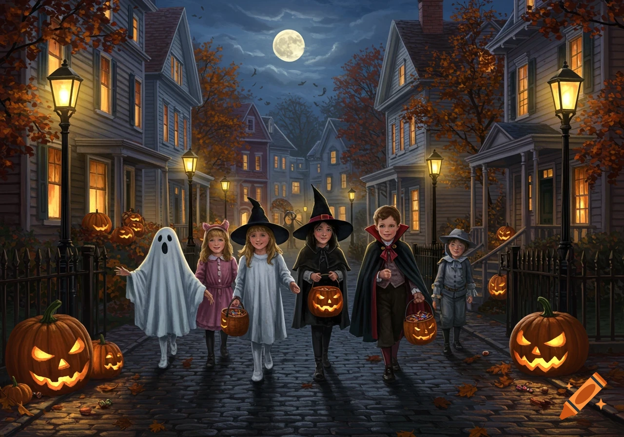 An illustration of children in Halloween costumes trick-or-treating on a cobblestone street at night, with jack-o'-lanterns, glowing street lamps, and old houses under a full moon.