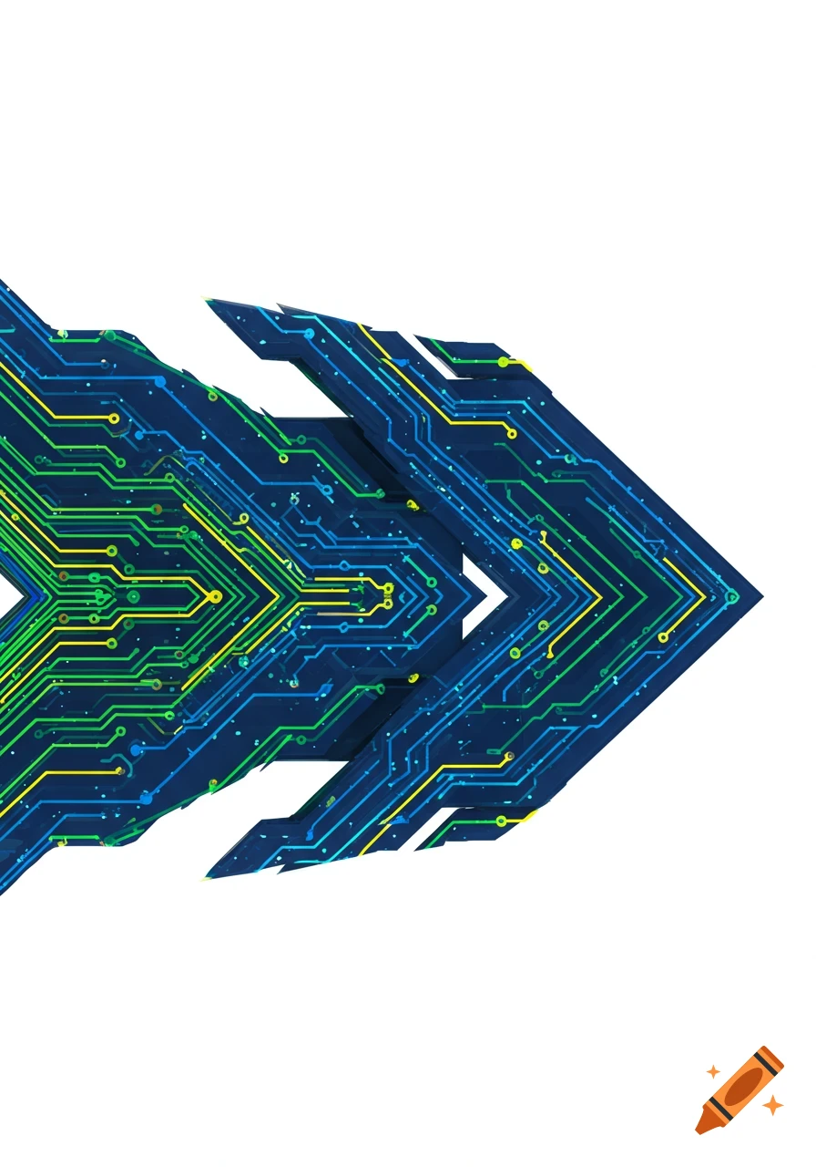 An abstract right-pointing arrow composed of blue, green, and yellow circuit board wires on a white background.