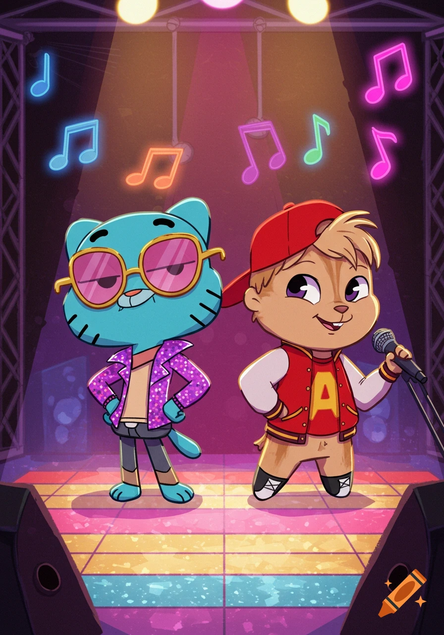 Gumball and Alvin perform on a stage surrounded by colorful neon musical notes, in a vibrant cartoon style.