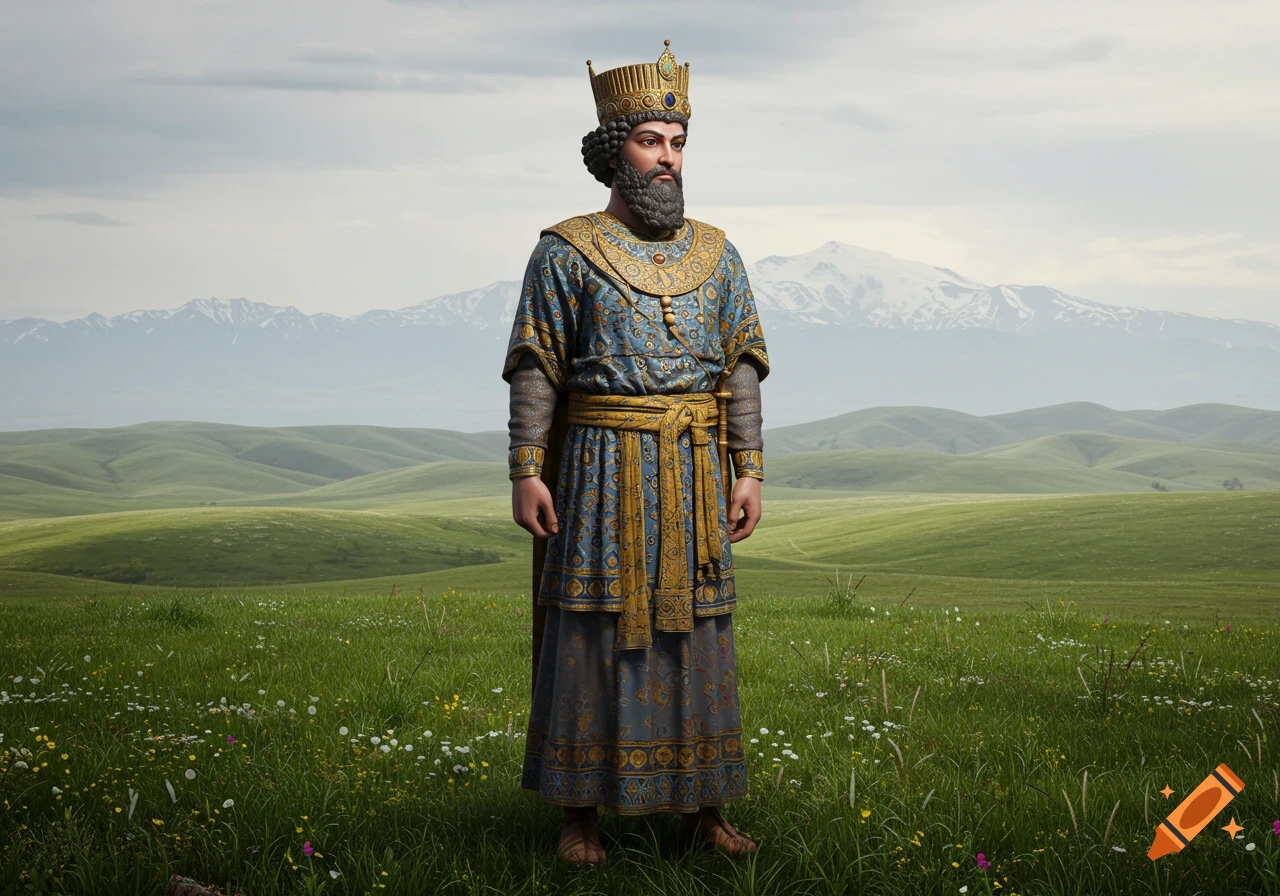 A bearded man in a gold crown and elaborate blue and gold historical robes stands in a green field with mountains in the background.