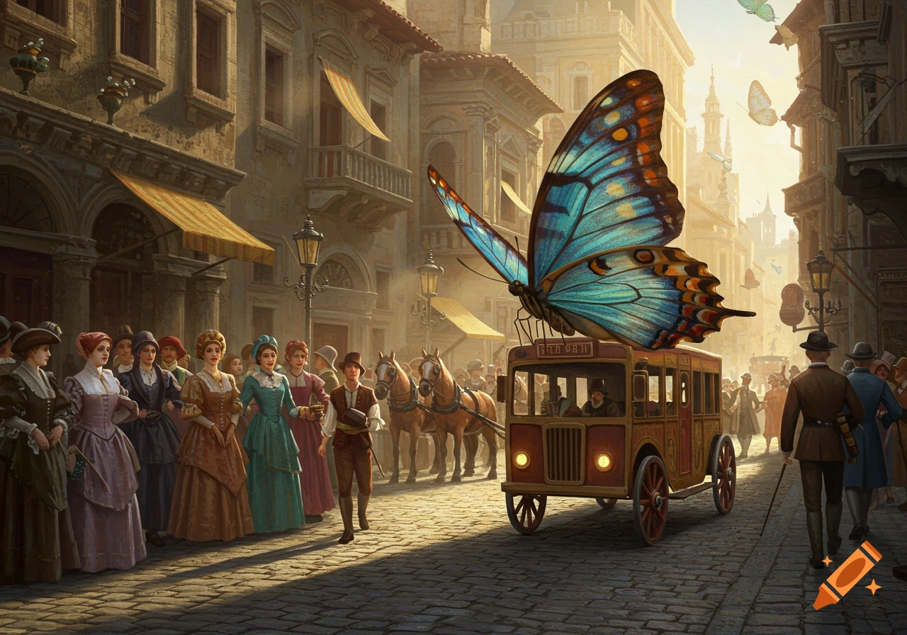 A giant blue butterfly sits atop a small bus traveling a bustling Renaissance-style city street filled with people.