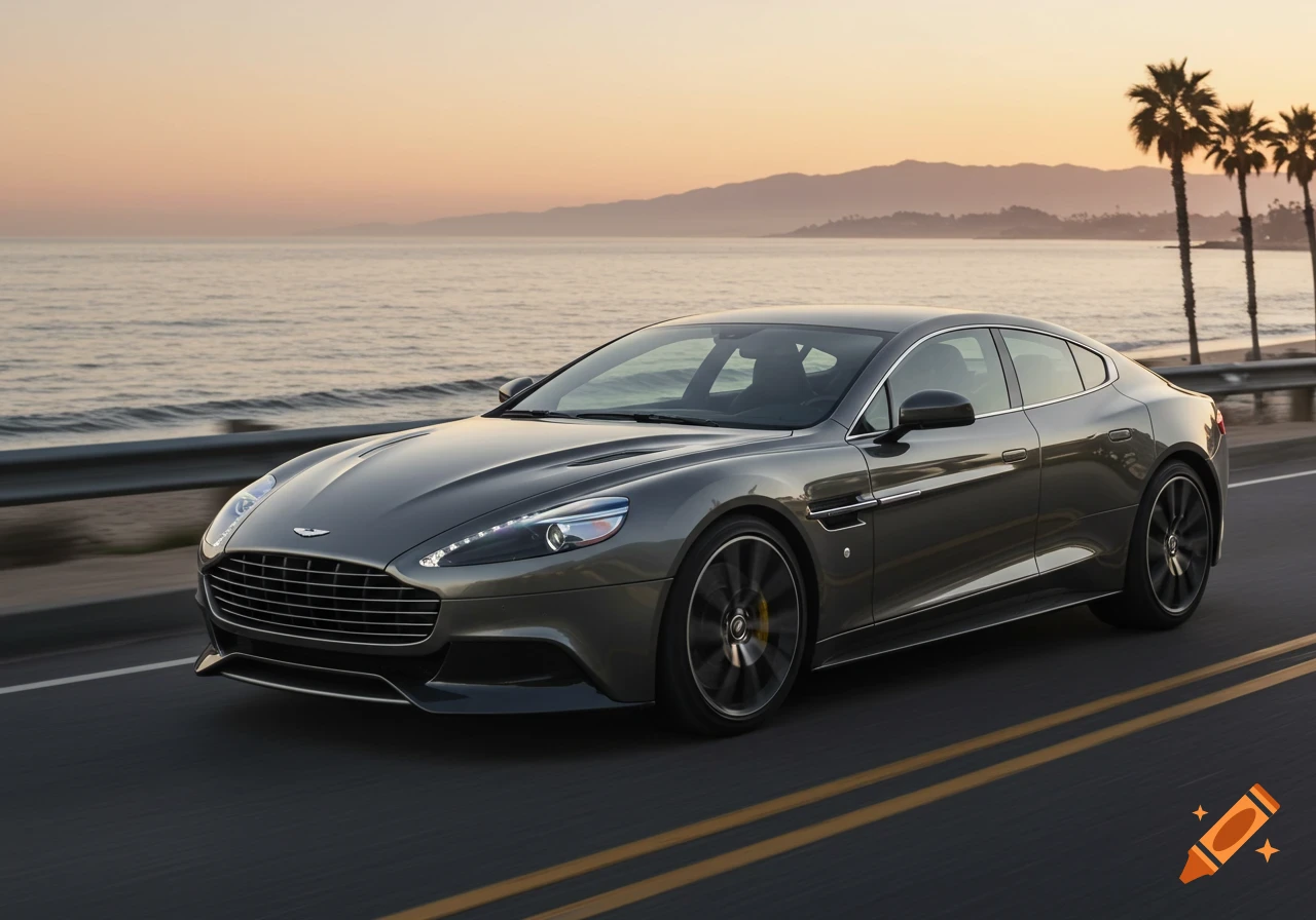 Dark grey luxury sports car drives on a coastal road during sunset, with ocean, palm trees, and mountains in the background, photorealistic style.