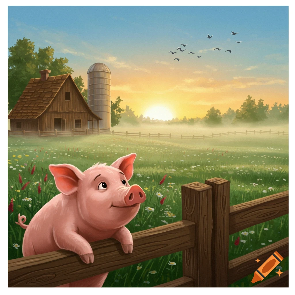 A cute cartoon pig peeks over a wooden fence in a sunny, misty farm field with a barn, silo, and birds flying.