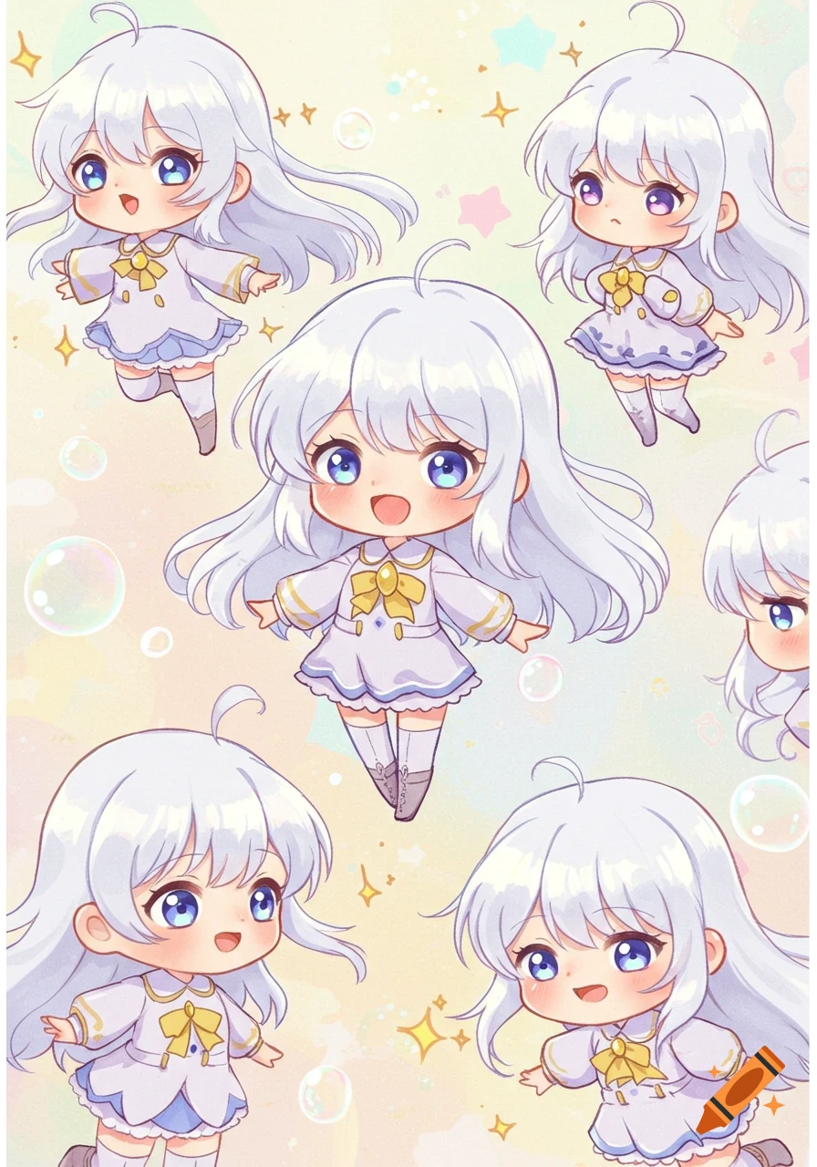 Multiple cute chibi anime girls with long white hair and blue eyes, wearing white and yellow dresses, floating in a pastel background with stars and bubbles.