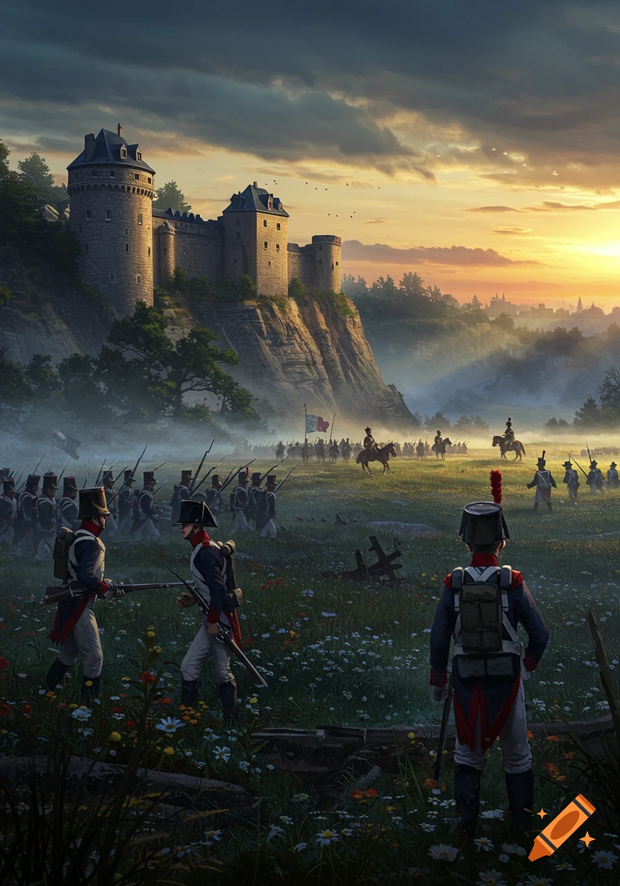 Detailed illustration of Napoleonic soldiers marching in a misty field towards a large stone castle on a cliff at sunset.