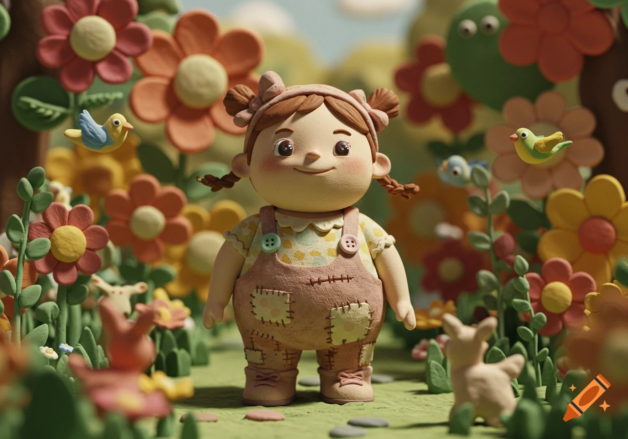 A cute, plump claymation girl stands in a whimsical field surrounded by colorful clay flowers and birds.