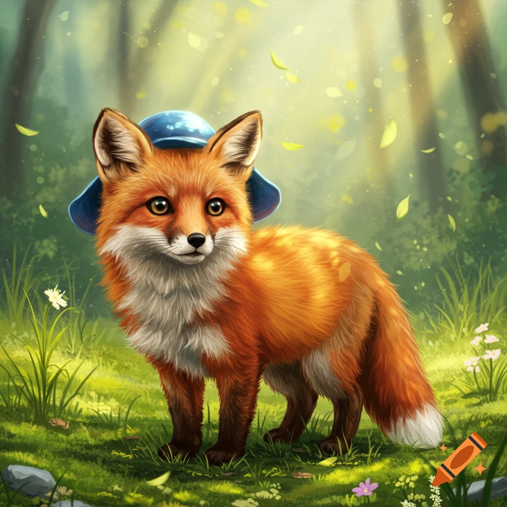 Cute red fox wearing a blue hat in a sunlit forest, digital illustration.