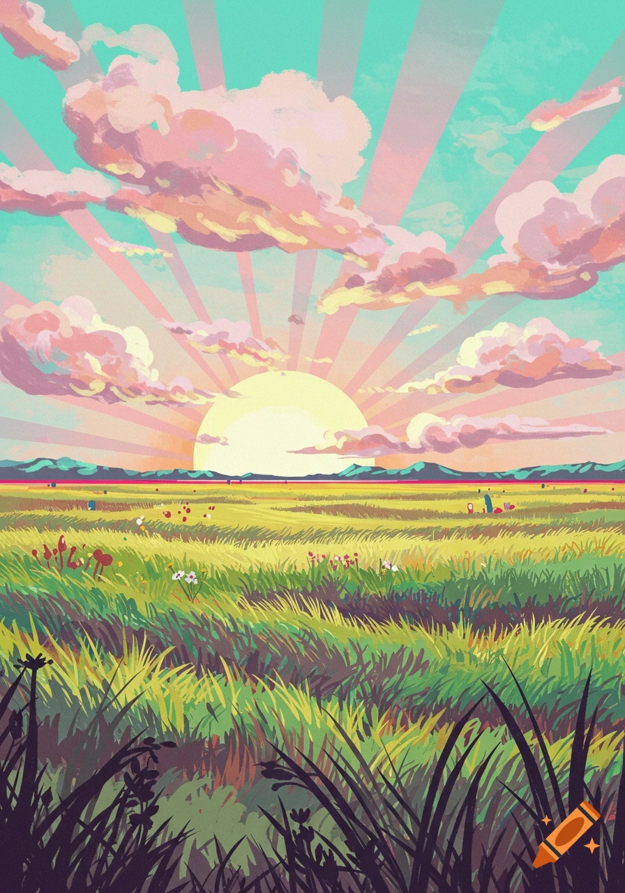 Vibrant pop art oil painting of a sunrise or sunset over a grassy plain with pink clouds and sun rays.
