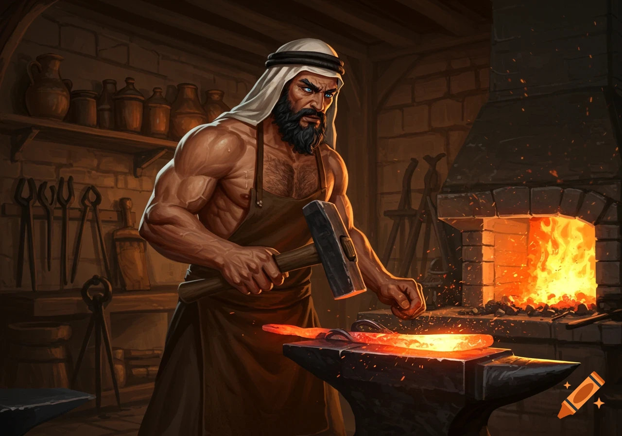 A muscular Arabian blacksmith with a beard and blue eyes, wearing an apron and head covering, hammers a glowing metal bar on an anvil in a fiery workshop.
