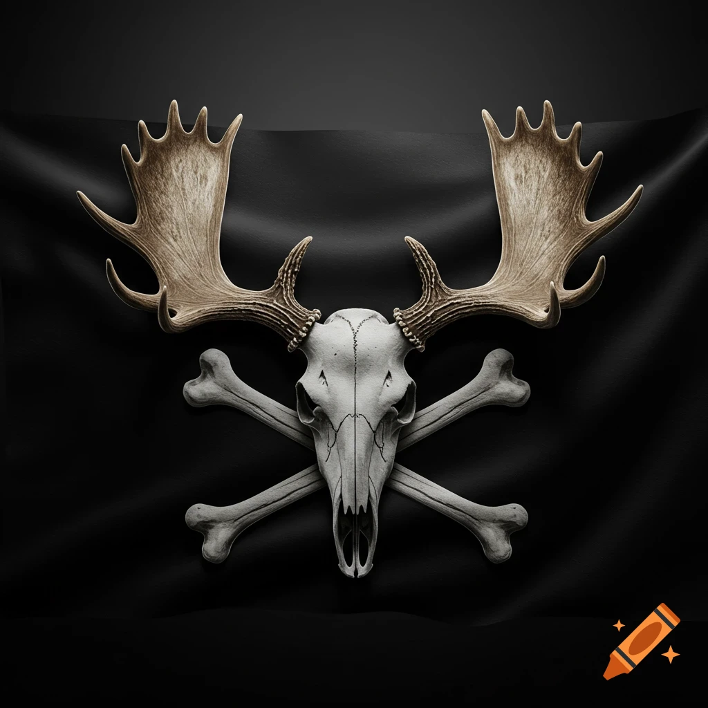 A moose skull with large antlers and crossed bones on a black flag, resembling a Jolly Roger.