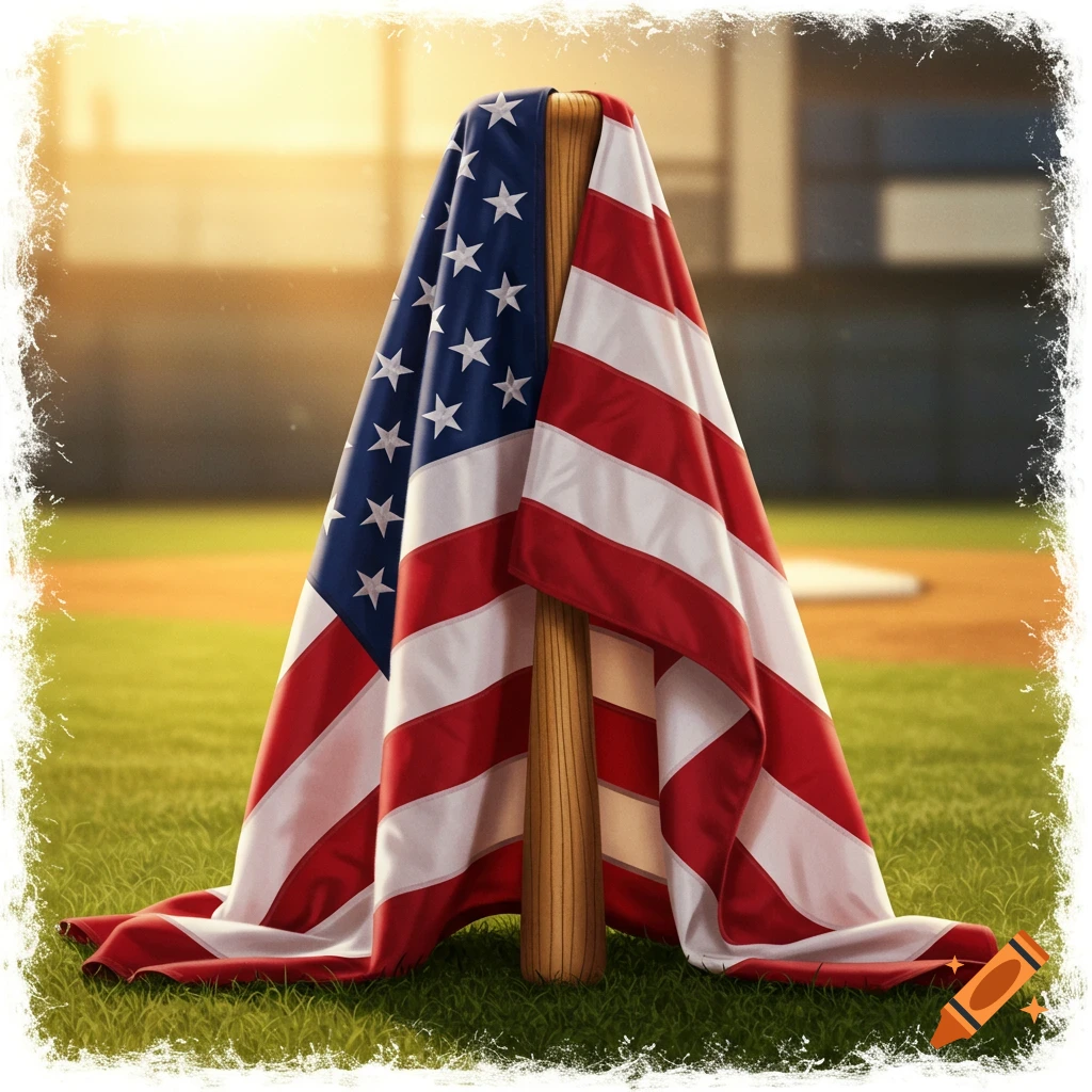 An American flag draped over a wooden baseball bat on a grassy baseball field, illuminated by warm light.