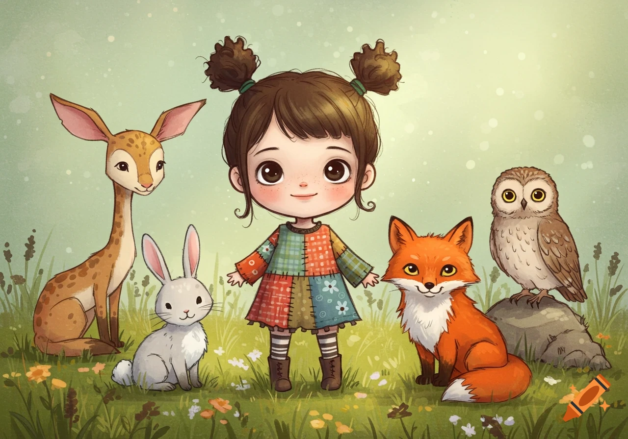 Cartoon girl in a patchwork dress in a field with a deer, rabbit, fox, and owl, in children's illustration style.