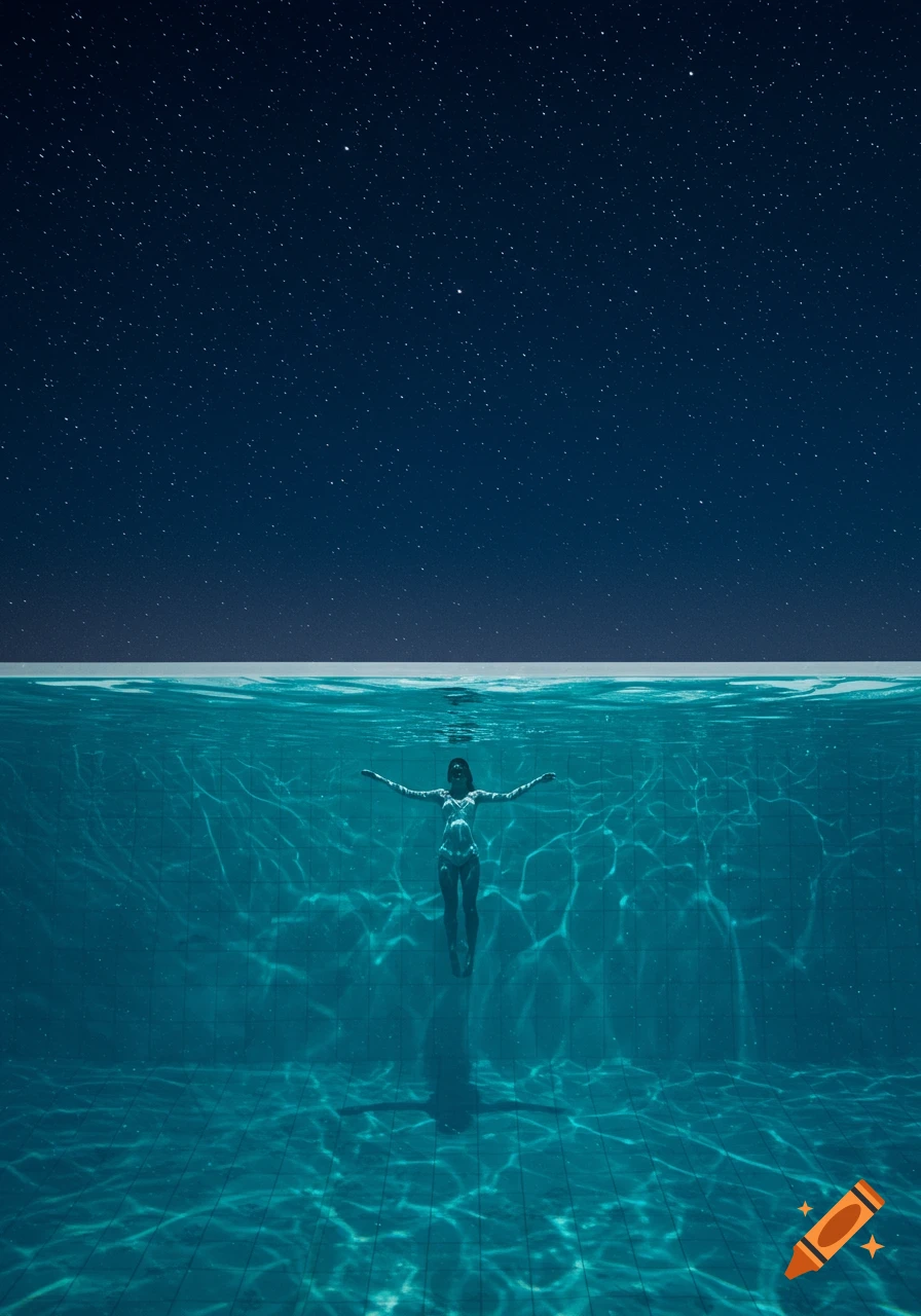 A person floats submerged in a pool at night, with a starry sky above the water.