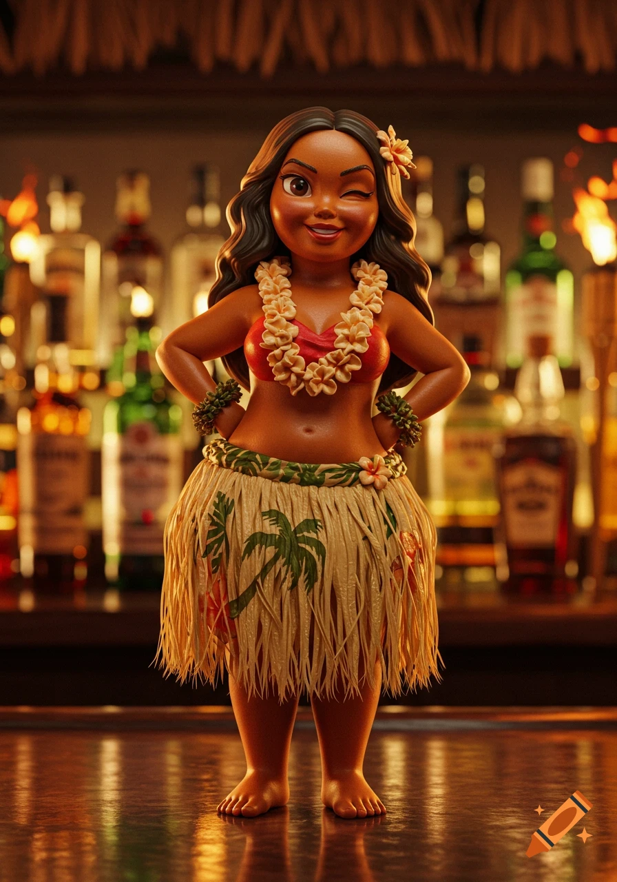 Stylized ceramic figurine of a winking hula woman in a red bikini top and grass skirt, standing on a glossy bar with blurred liquor bottles behind her.