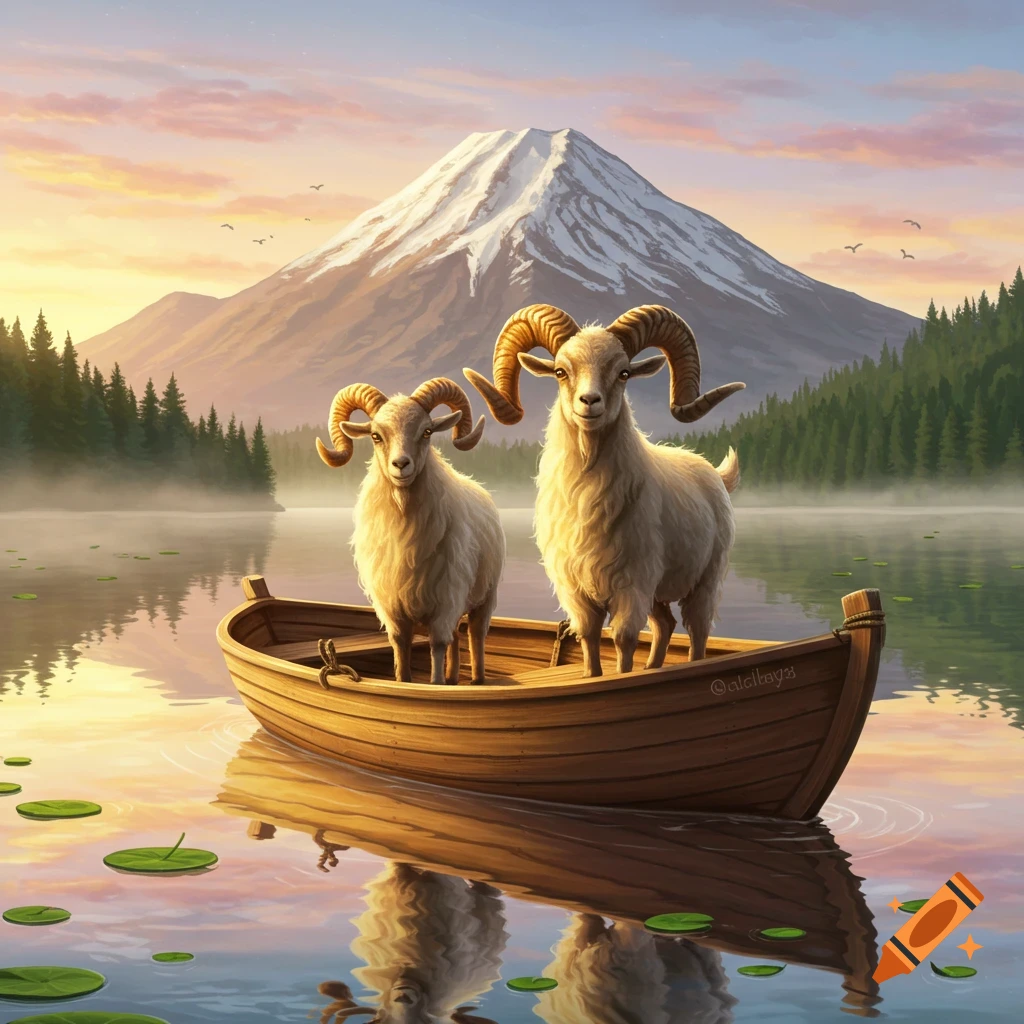 Two rams stand in a wooden boat on a misty lake at sunrise, with a snow-capped mountain and pine forest. Digital painting.