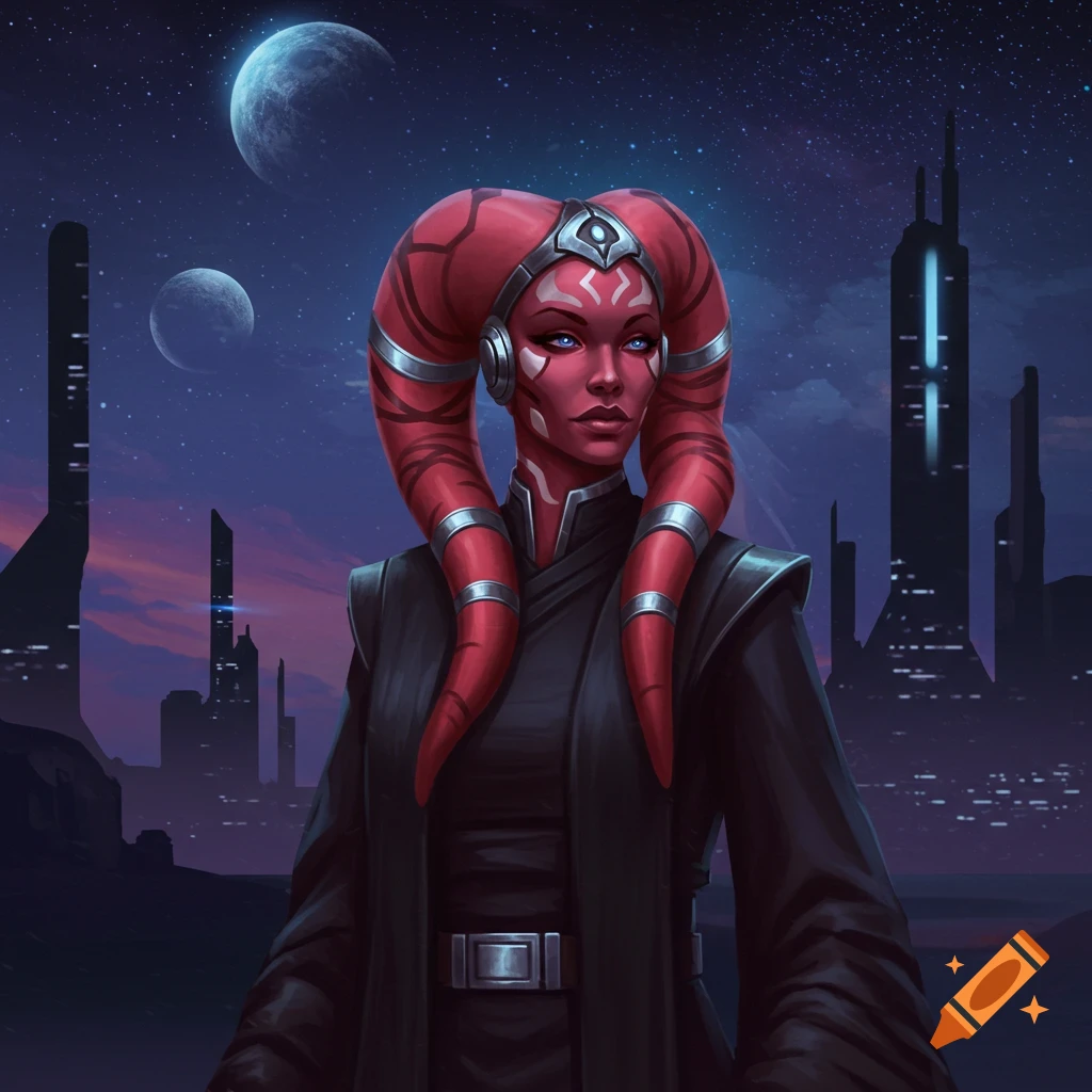 An Iktotchi woman with red lekku and purple skin, wearing a black uniform, stands in a futuristic city under a starry, moonlit sky.