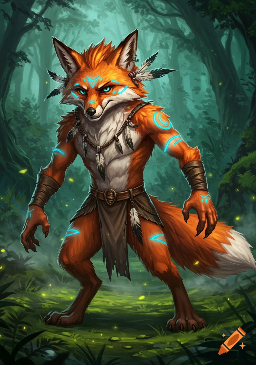 An anthropomorphic orange fox with glowing blue tribal markings, wearing a feather necklace and loincloth, stands in a mystical forest.