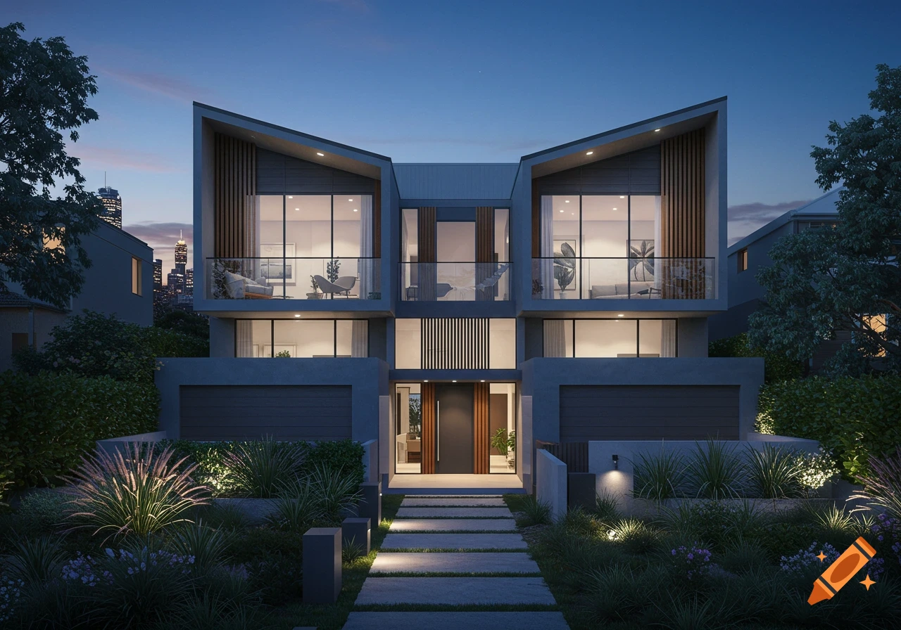A modern concrete and wood duplex house with large windows, balconies, and illuminated landscaping at dusk, with a city skyline in the background.