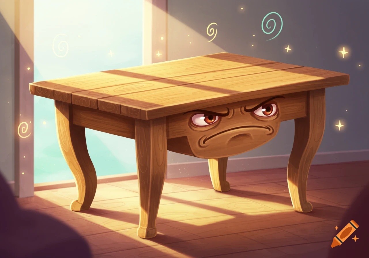 A cartoon wooden table with an angry face carved into its apron, standing in a sunlit room with whimsical swirls.