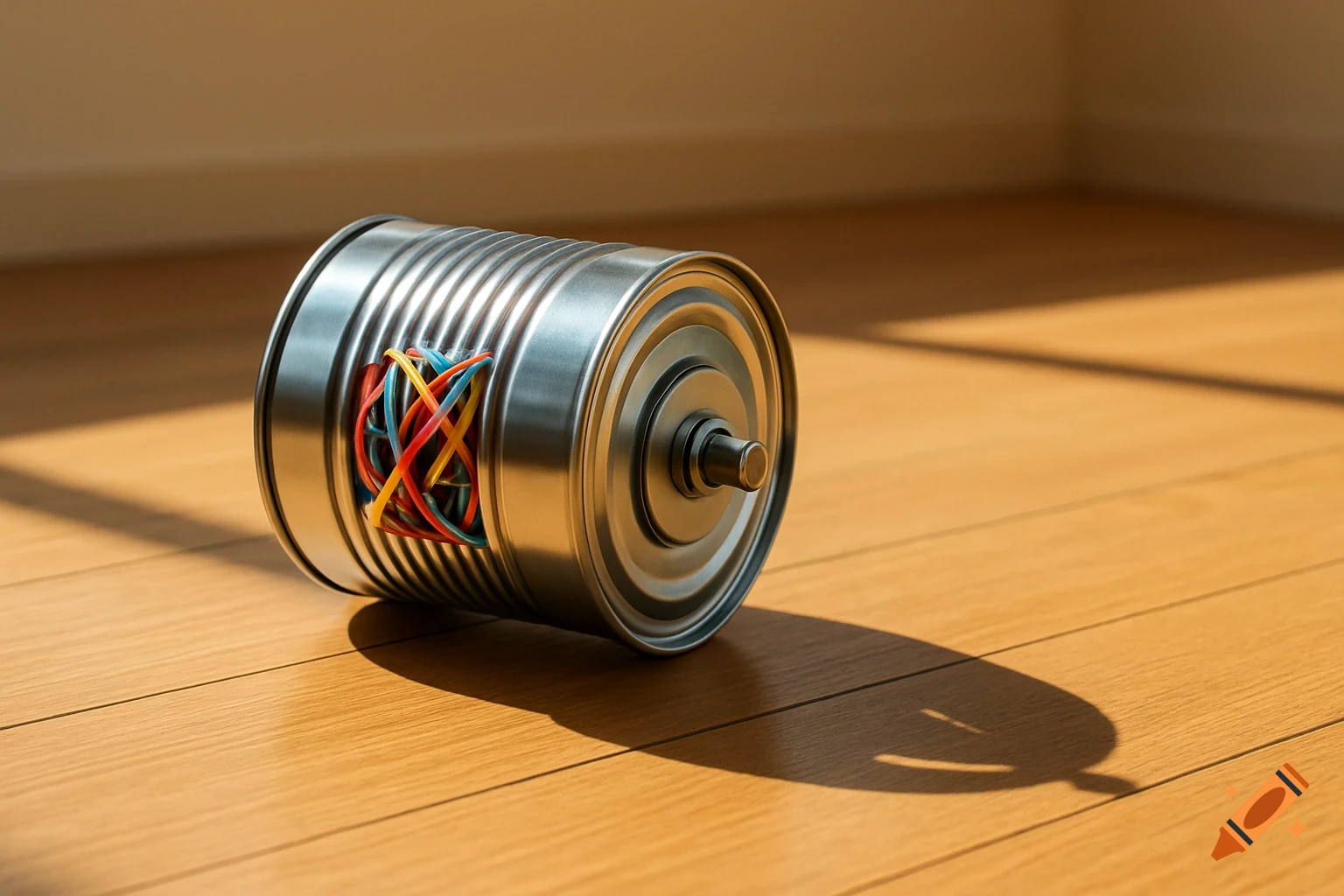 A metal can with colorful rubber bands and a central rod, lying on a wooden floor, lit by sunlight.