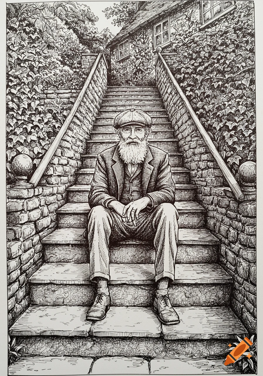 Detailed black and white line drawing of an older man with a long beard and flat cap, sitting on stone stairs in front of a vine-covered house.