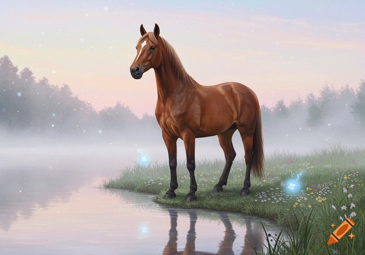 A majestic brown horse with a white blaze stands by a misty lake, surrounded by wildflowers and glowing blue orbs at sunrise.