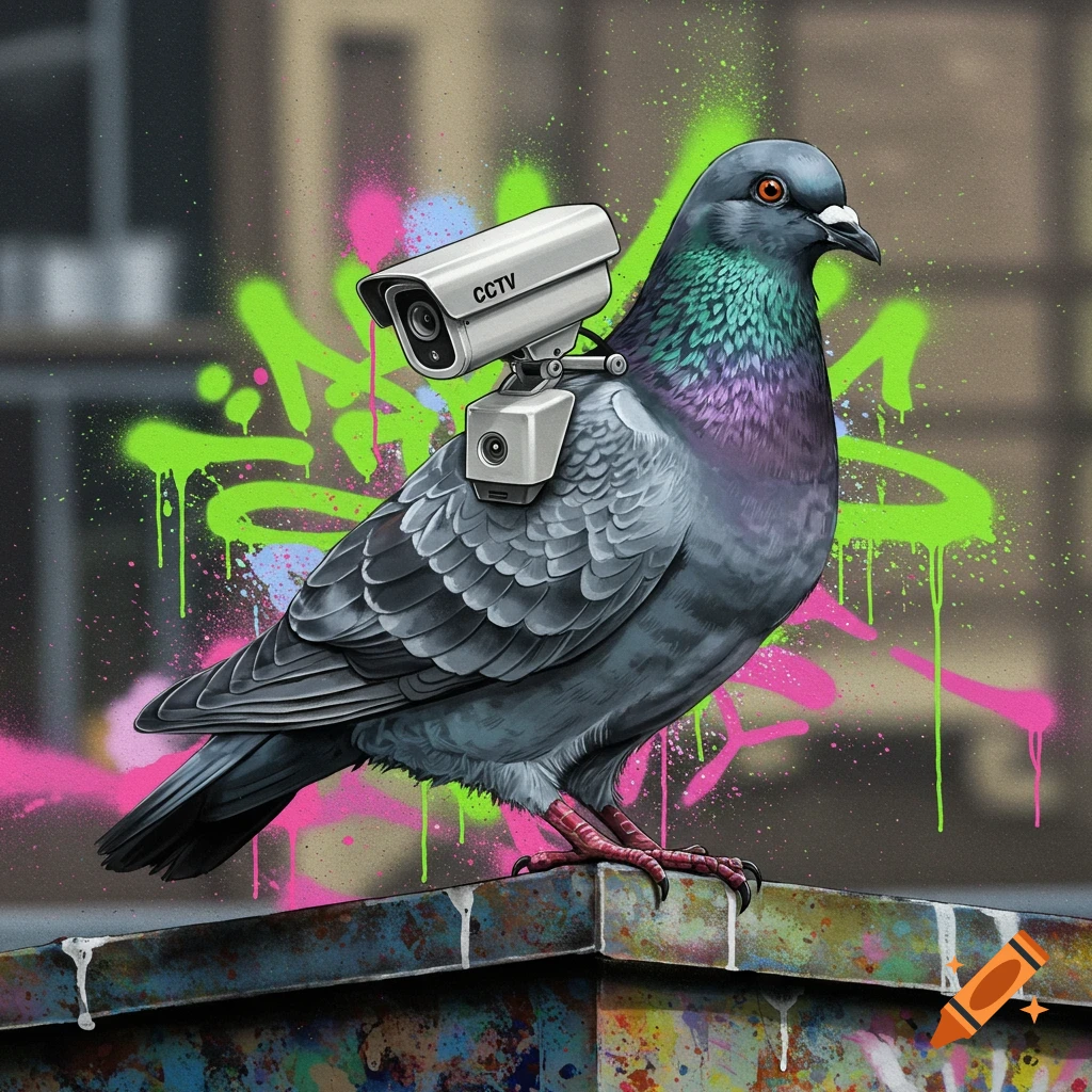 A pigeon with a CCTV camera backpack perches on a ledge against a vibrant, graffiti-splattered wall in a spray paint art style.