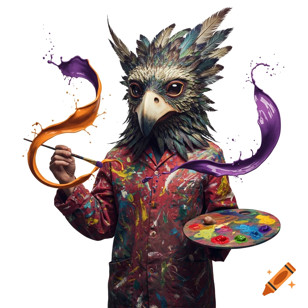 A surreal figure with a detailed bird's head and a paint-splattered coat holds a brush and palette, surrounded by splashing colorful paint on a white background.