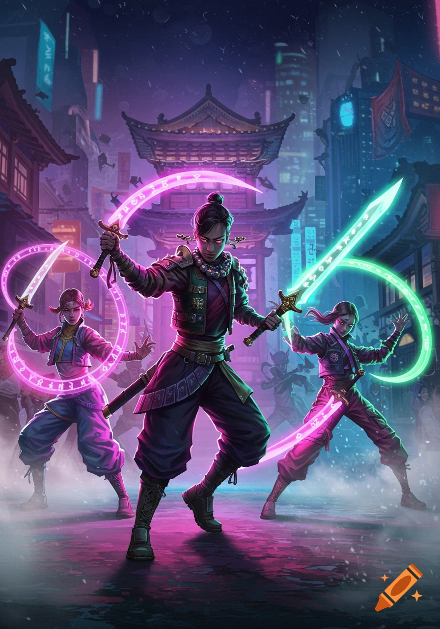 Three warriors with glowing swords and magical rings pose in a neon-lit, futuristic Asian city.
