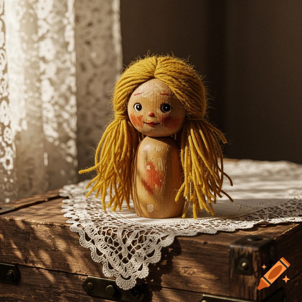 A small, primitive wooden doll with yellow yarn hair and a chipped, painted face sits on a vintage wooden chest with a white lace doily.