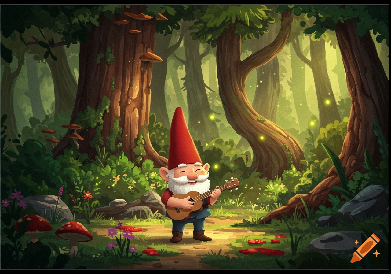 A happy cartoon gnome with a red hat plays a ukulele in a bright, lush forest with glowing fireflies and red mushrooms.