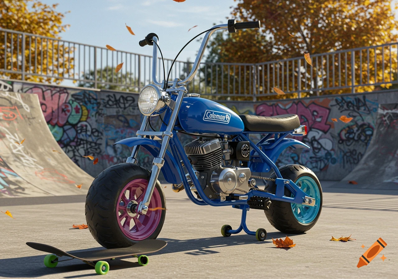 A blue Coleman minibike with small skateboard wheels sits in a sunny skatepark with autumn leaves and a skateboard. Photorealistic.