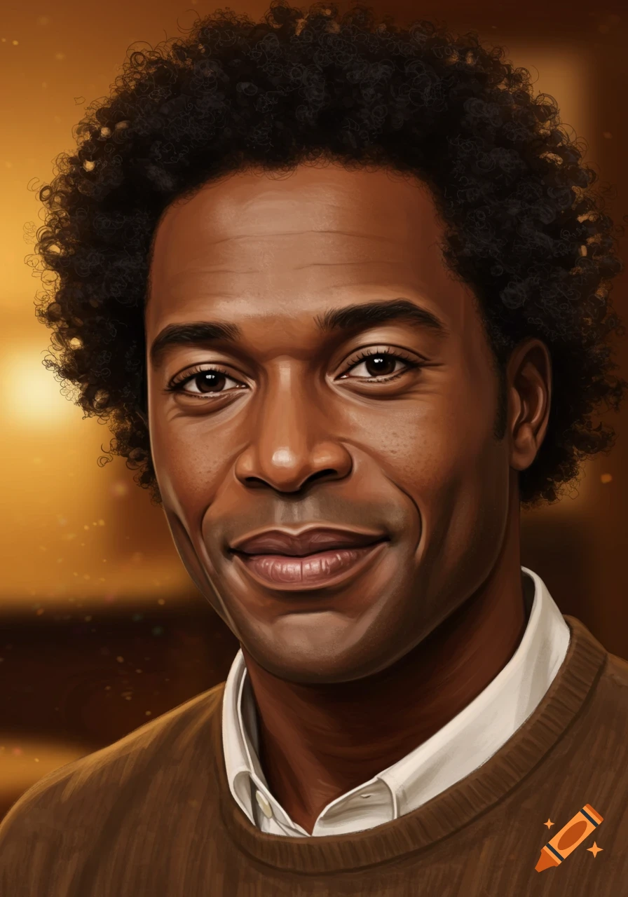 Close-up digital art portrait of a smiling African American man with curly hair, brown eyes, and dimples, wearing a brown sweater.