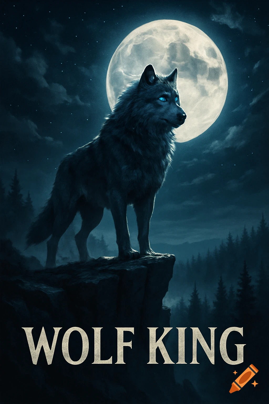 A majestic dark wolf with glowing blue eyes on a rocky cliff under a full moon and starry night sky. Text: WOLF KING.