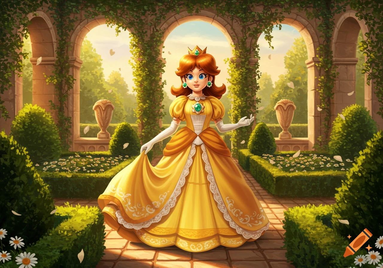 Princess Daisy in a bright yellow gown stands in a lush, sunlit garden with stone arches and flowering bushes.